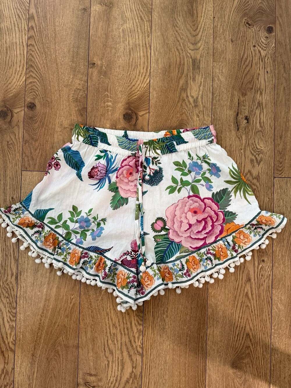 Farm Rio Sweet Bloom Shorts Multi Floral Print Pom Pom